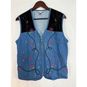 Womens Medium 90s‎ Denim Vest Floral Embroidery Black Velvet Trim Zip Front
